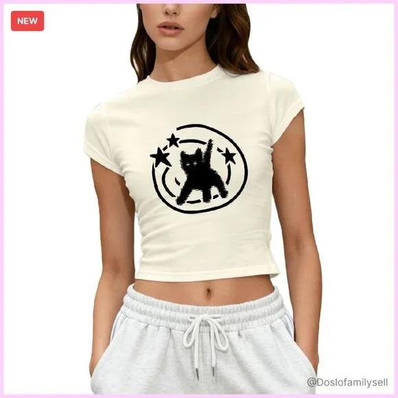 Y2K Cat Print Crop Top Vintage Slim Fit Cute Graphic Baby Tee Short Sleeve - Picture 1 of 7